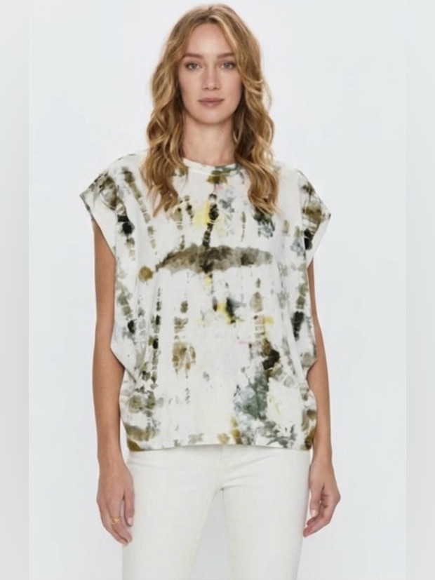 Pistola White Tie-Dye Cap Sleeve Tee With Olive And Yellow Accents